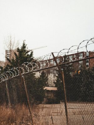 Barbed Wire Above the Mesh Wire Fence